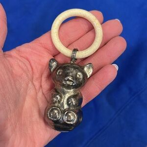 Vintage Silver plated cat Keychain with cream plastic teething Ring